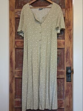 Vintage 80's Tie-Back Button-Front Maxi Dress, Olive & Cream Micro-Floral Paisly
